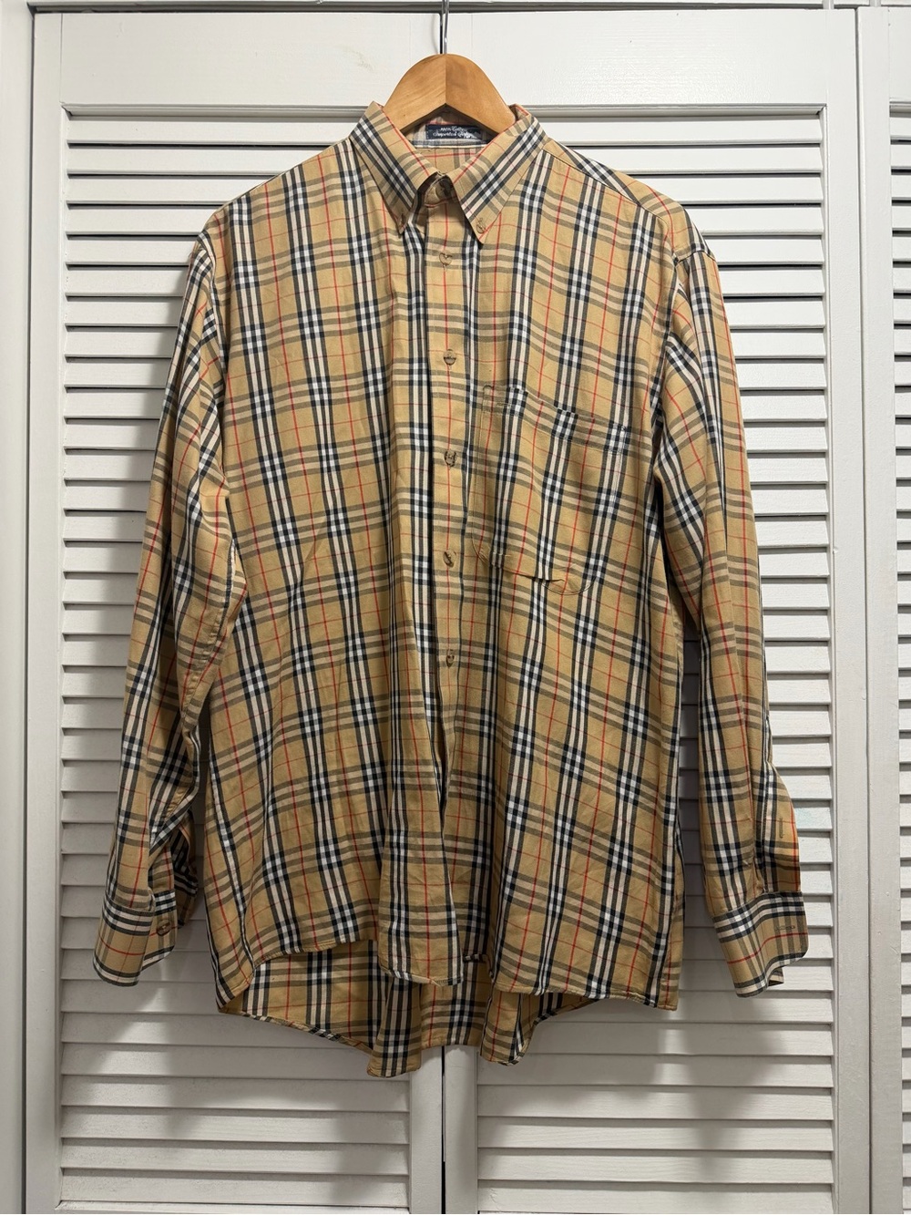 Vintage Burberry Nova Check Plaid Long Sleeve Button Down Shirt Tan